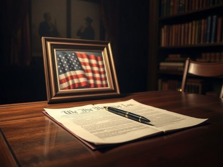 Flick International A dimly lit room with a polished wooden desk, U.S. Constitution open, American flag picture framed beside it