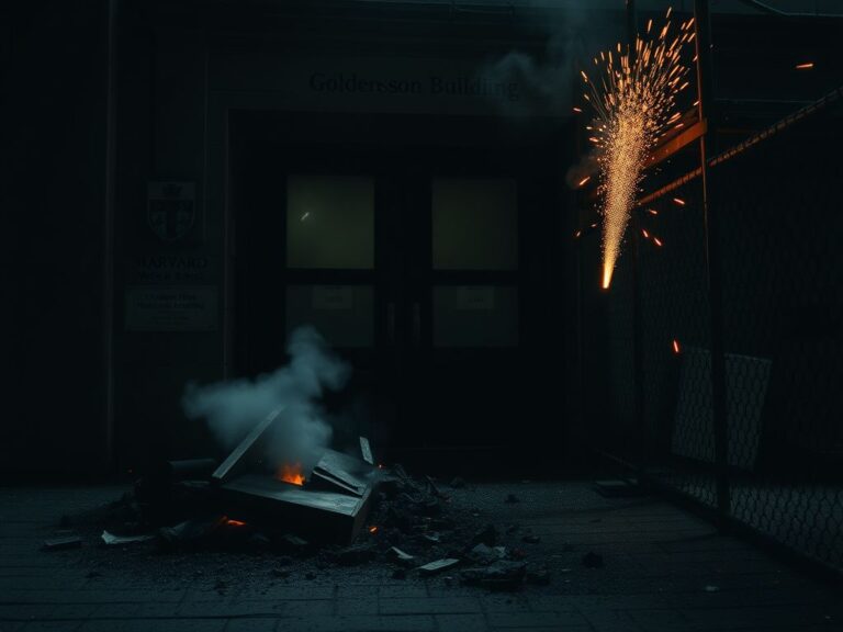 Flick International Dimly lit exterior of Harvard Medical School's Goldenson Building showing explosion damage