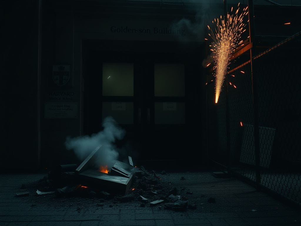 Flick International Dimly lit exterior of Harvard Medical School's Goldenson Building showing explosion damage