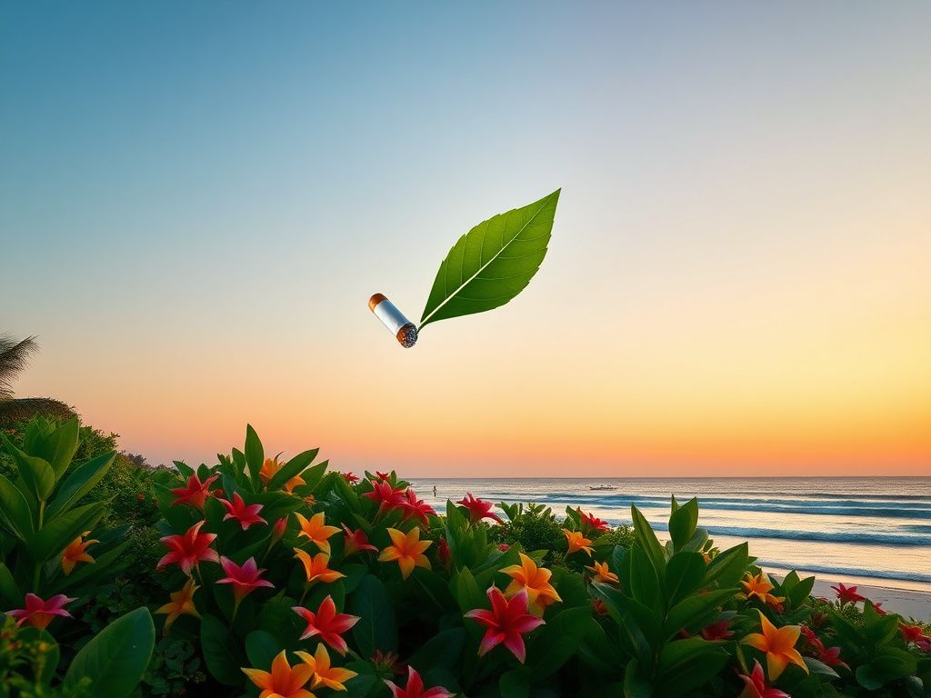 Flick International Serene Maldivian landscape at sunset with vibrant tropical flowers and symbol of a broken cigarette