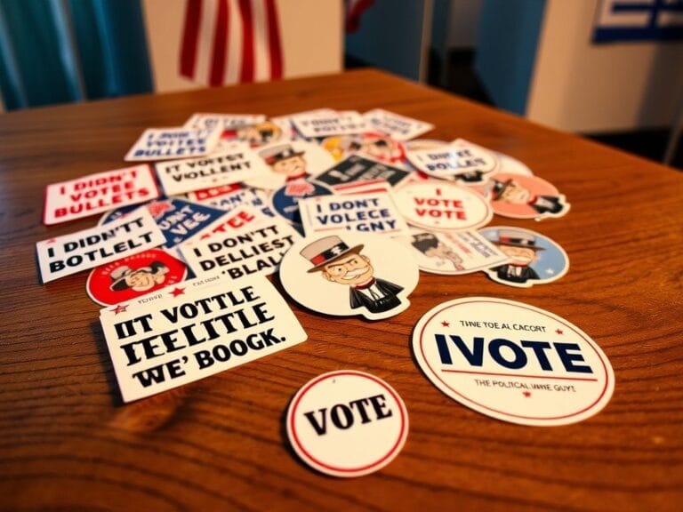 Flick International Colorful political stickers on a wooden tabletop near a polling booth