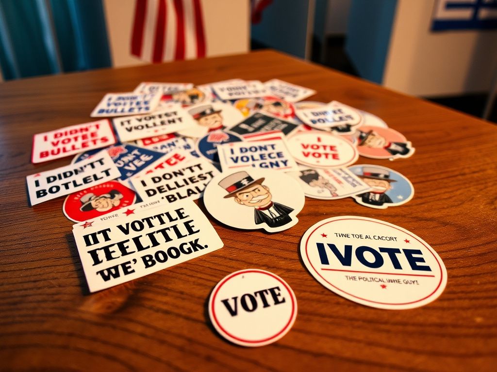 Flick International Colorful political stickers on a wooden tabletop near a polling booth
