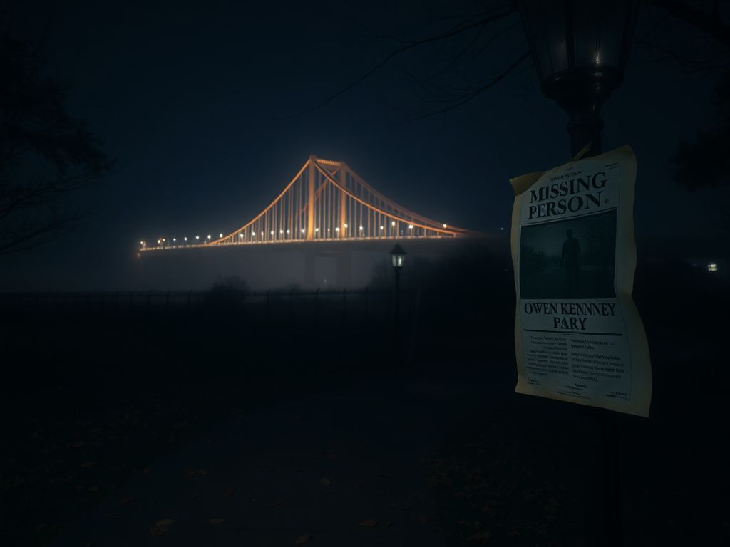 Flick International Nighttime scene of the Ravenel Bridge in Charleston with a foggy path and missing person flyer