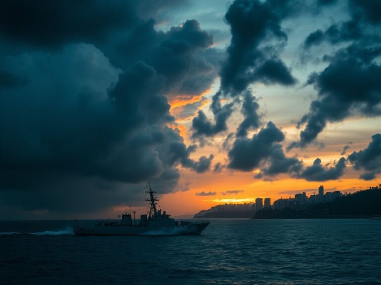 Flick International Dramatic landscape of the Venezuelan coastline at sunset with dark storm clouds and an empty military vessel anchored offshore.