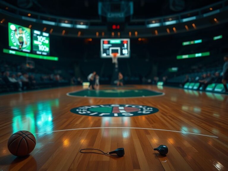 Flick International Dramatic basketball court scene at night with Boston Celtics logo and blurred scoreboard lights