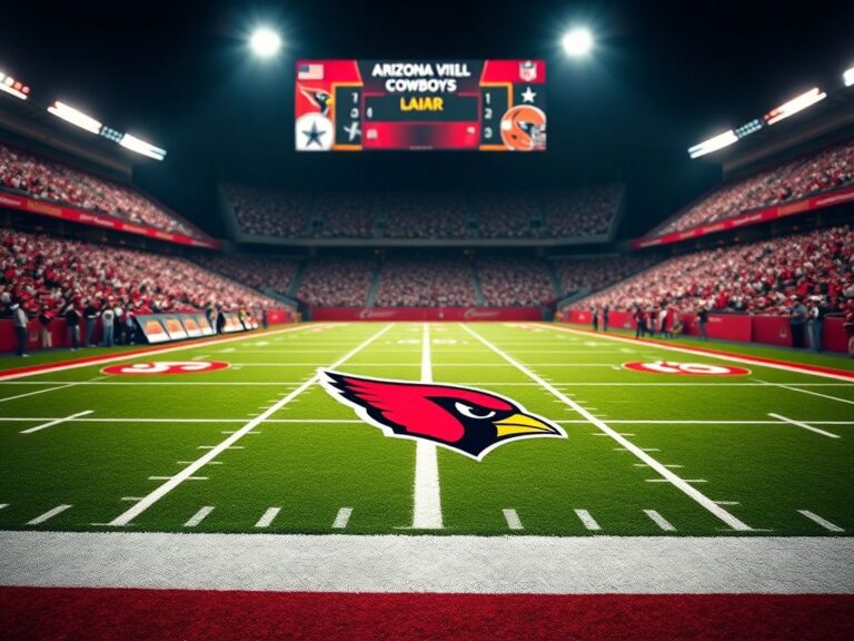 Flick International Dynamic image of a football field at night featuring the Arizona Cardinals logo