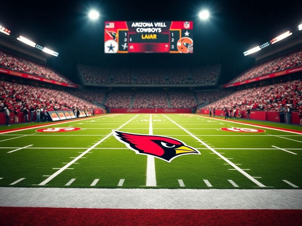 Flick International Dynamic image of a football field at night featuring the Arizona Cardinals logo