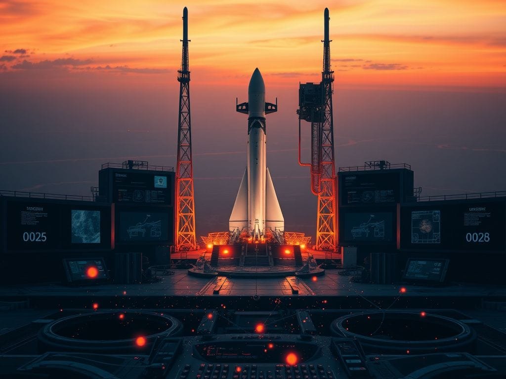 Flick International Futuristic space launch pad at sunset with SpaceX rocket ready for liftoff