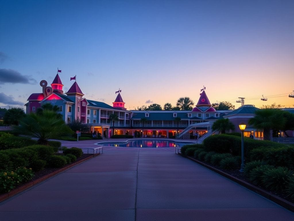 Flick International Colorful exterior of Disney's Pop Century Resort at twilight with empty pathway