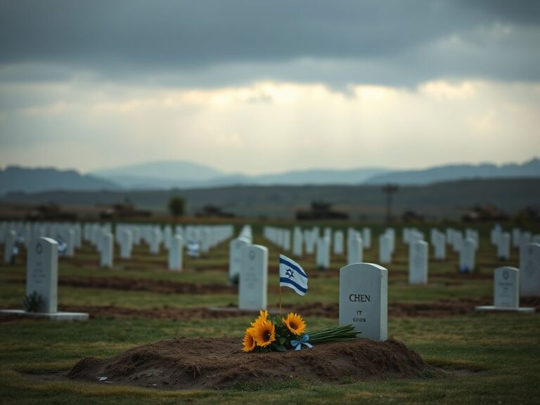 Flick International A serene military cemetery featuring a freshly turned grave of Itay Chen surrounded by headstones and Israeli flags