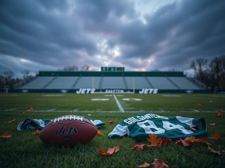 Flick International A somber New York Jets football field at dusk with empty benches and scattered jerseys