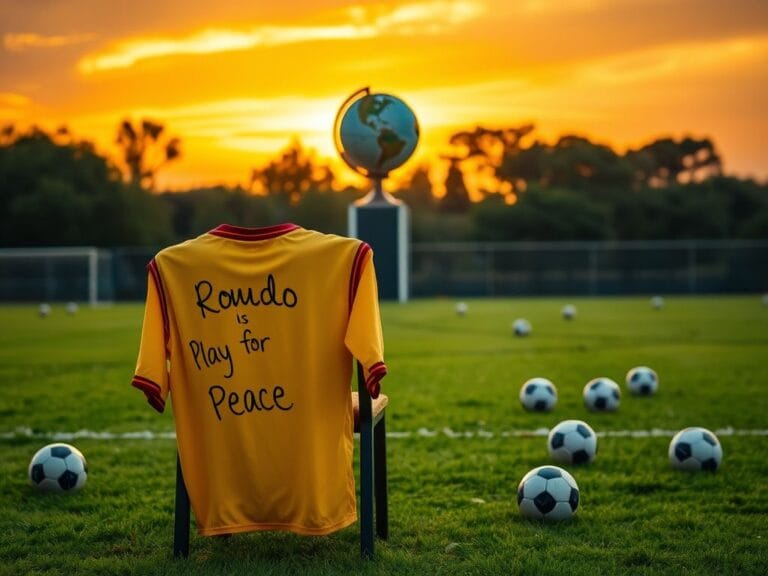 Flick International A picturesque soccer field at sunset with a signed jersey and a globe symbolizing hope and change
