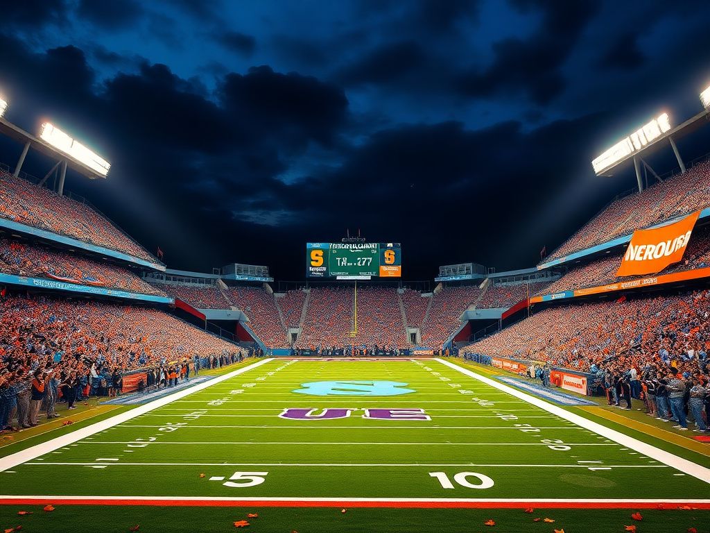 Flick International A vibrant college football scene featuring the North Carolina Tar Heels and Syracuse Orange in a packed stadium