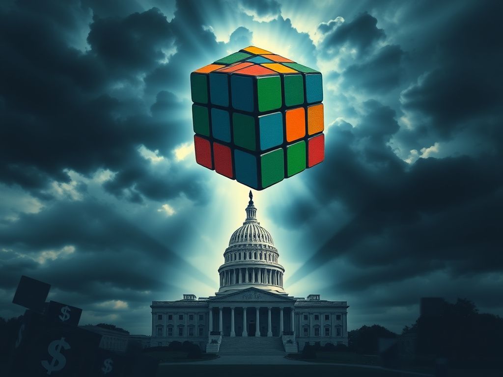 Flick International Abstract depiction of a divided government represented by a complex Rubik's Cube in a cloudy sky