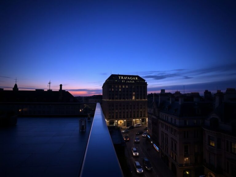 Flick International Dramatic view of a London rooftop at dusk overlooking a bustling street