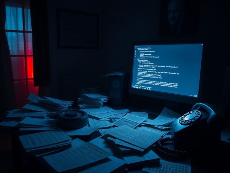 Flick International Dark room with cluttered paperwork and a glowing computer screen hinting at a digital breach involving John Bolton.