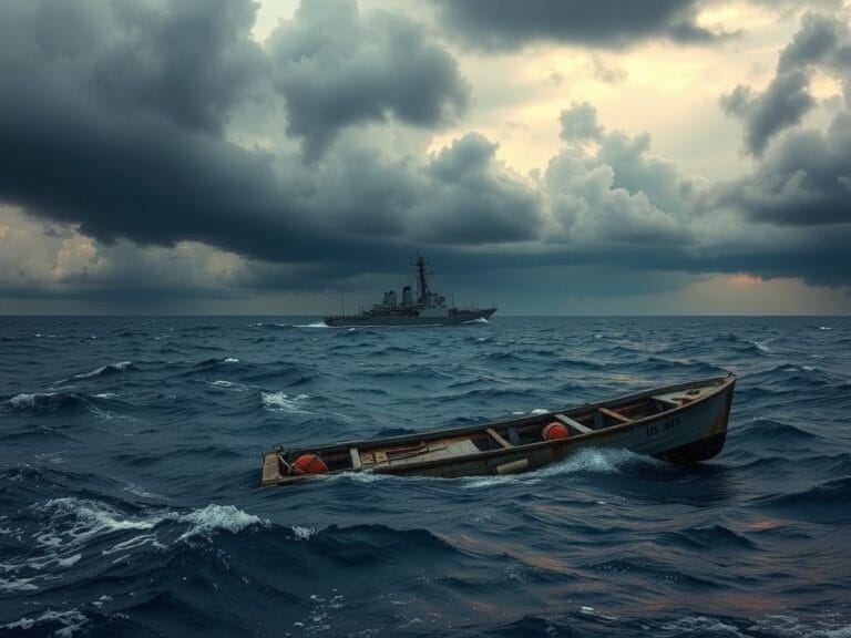 Flick International Dramatic scene of the Eastern Pacific Ocean with storm clouds and a partially submerged damaged boat
