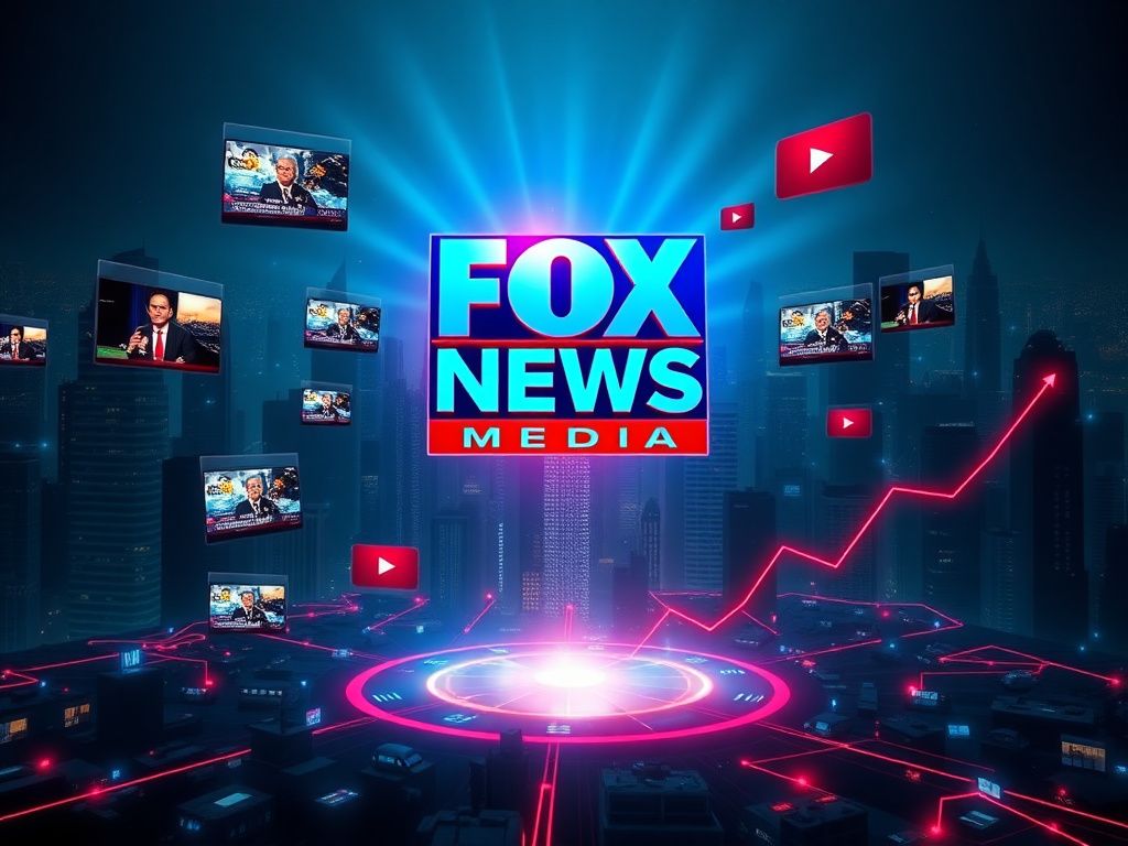 Flick International Abstract glowing logo of Fox News Media surrounded by dynamic video screens representing diverse news themes.