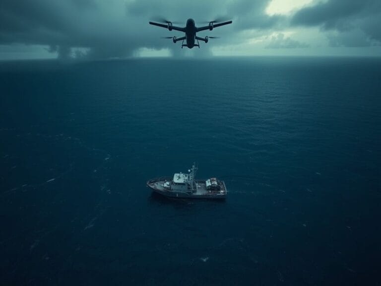 Flick International Aerial view of a military drone overseeing a small vessel in the Pacific Ocean during a U.S. military operation against narco-terrorism.