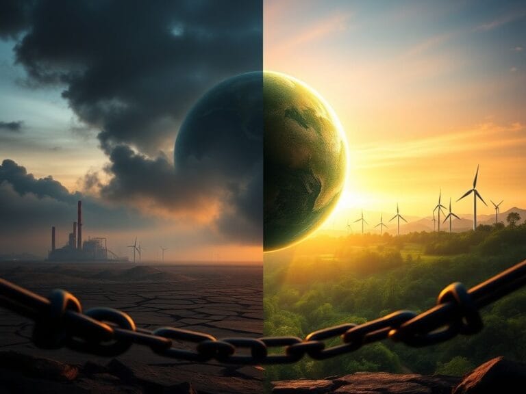 Flick International Dramatic split view of a dying planet depicting pollution and a thriving ecosystem