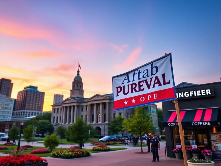 Flick International Vibrant urban landscape of Cincinnati with city hall and campaign banner for Aftab Pureval
