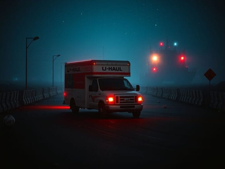 Flick International Abandoned U-Haul truck on a dimly lit road near a guarded Coast Guard base