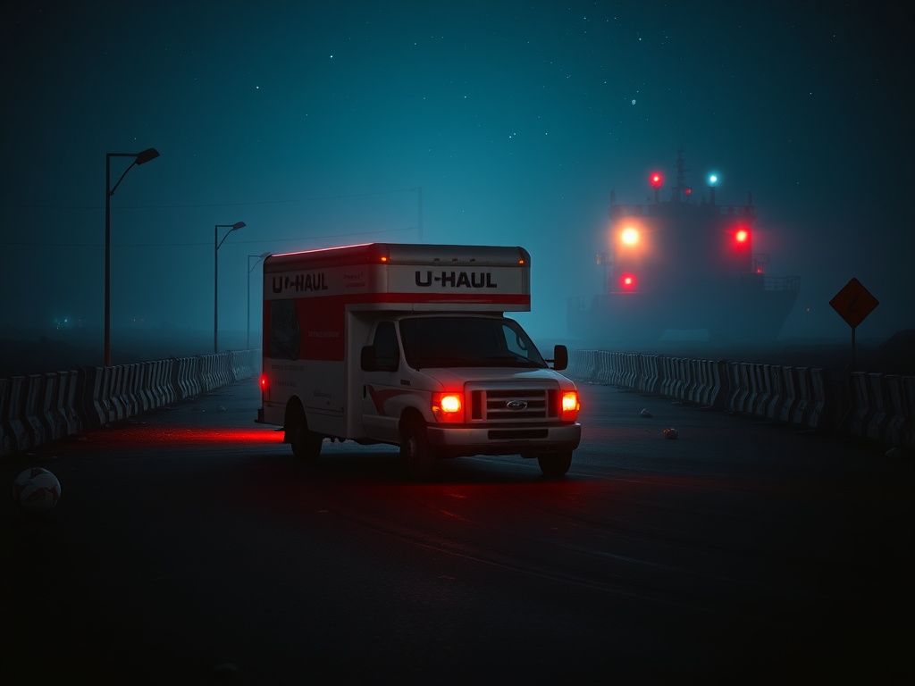 Flick International Abandoned U-Haul truck on a dimly lit road near a guarded Coast Guard base