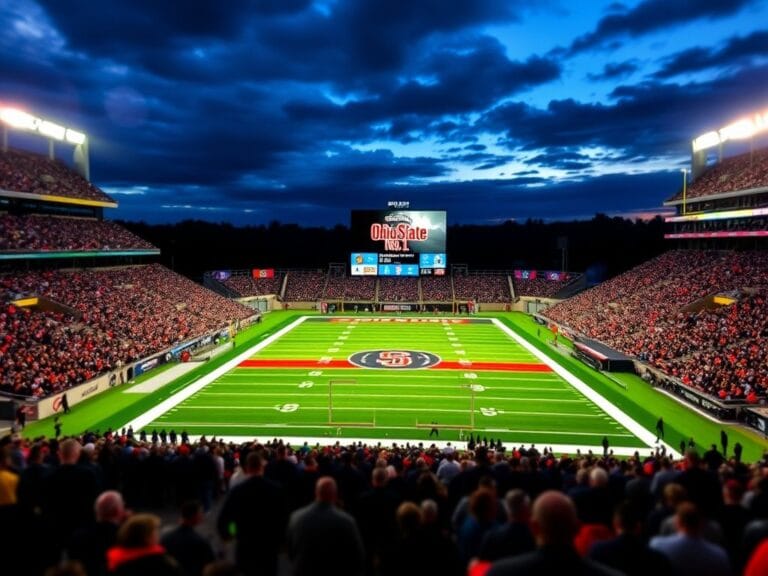 Flick International A vibrant college football stadium at dusk showcasing Ohio State ranked No. 1