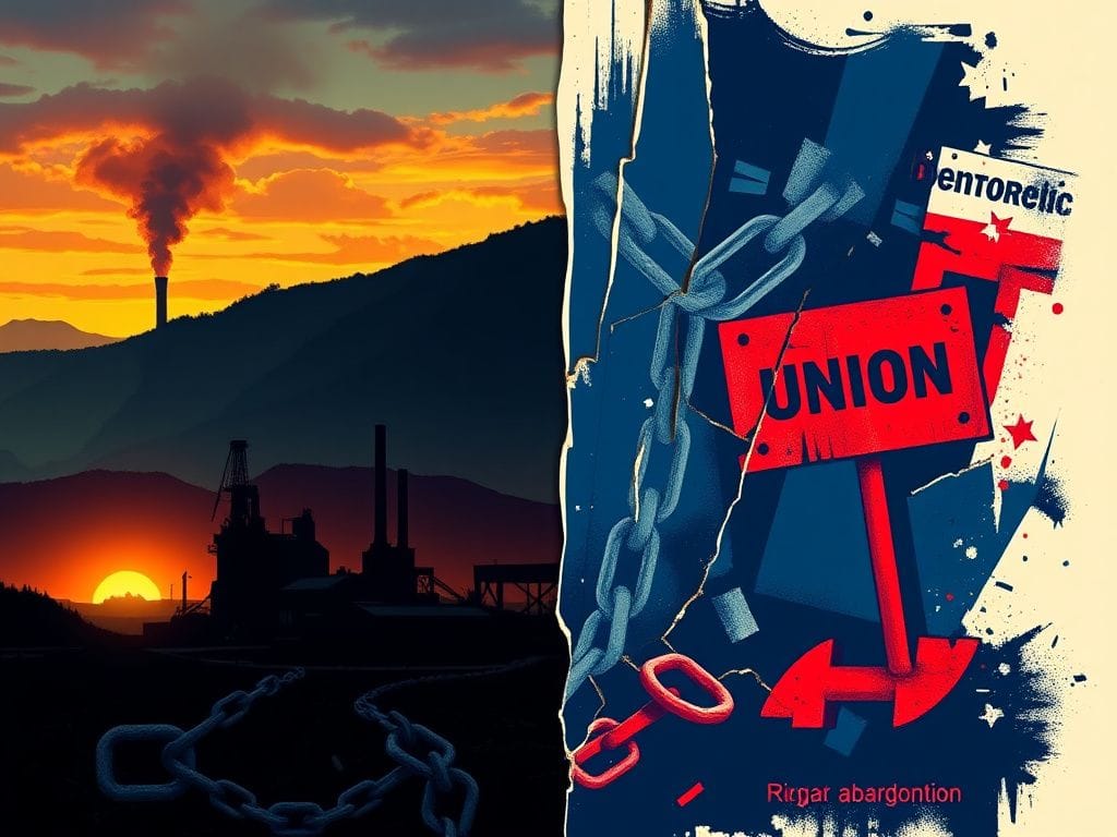 Flick International A split-scene image contrasting traditional working-class culture and modern political themes in West Virginia