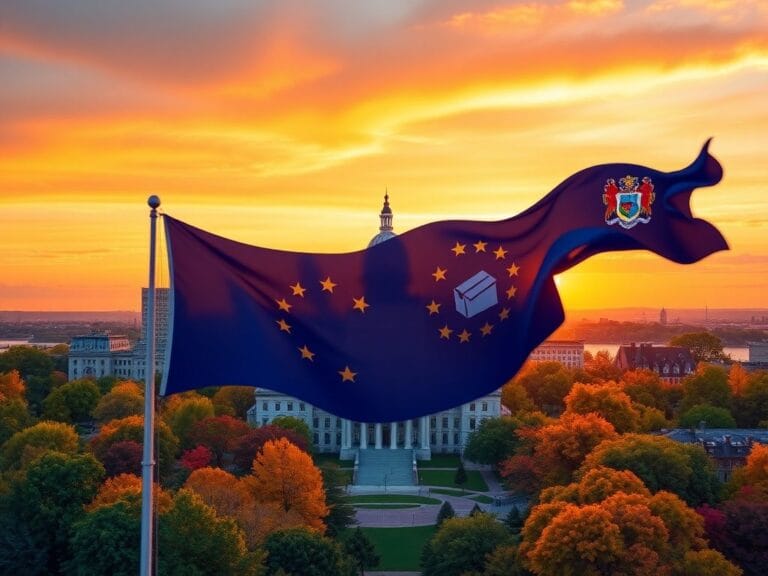 Flick International Aerial view of New Jersey's skyline at sunset with the State Capitol building