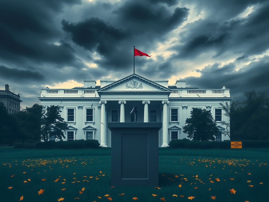 Flick International A weathered and cracked representation of a broken White House under a dramatic cloudy sky