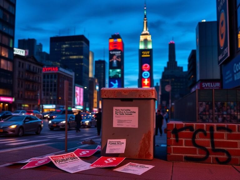 Flick International A bustling New York City skyline at dusk with vibrant lights and a partially rusted ballot box in the foreground