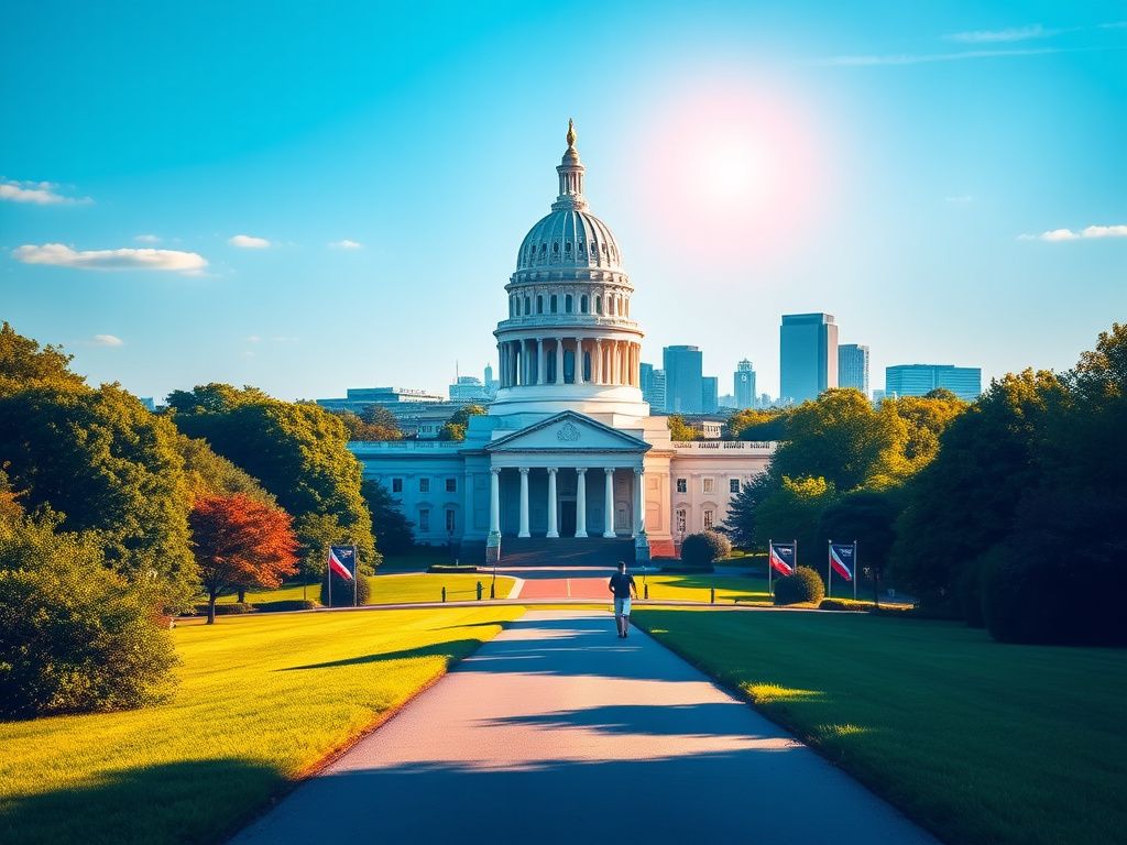 Flick International A dynamic view of Virginia's state capitol with lush greenery and a blue sky, symbolizing political triumph.