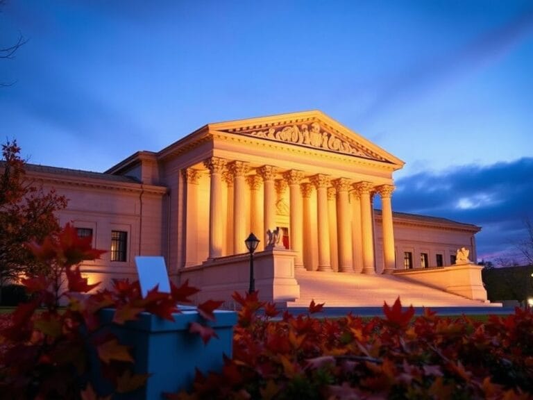 Flick International Pennsylvania State Supreme Court building illuminated at twilight with autumn leaves