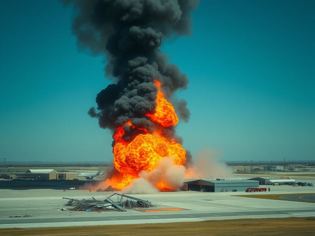 Flick International Aerial view of the catastrophic UPS plane crash with a massive fireball and smoke billowing into the sky