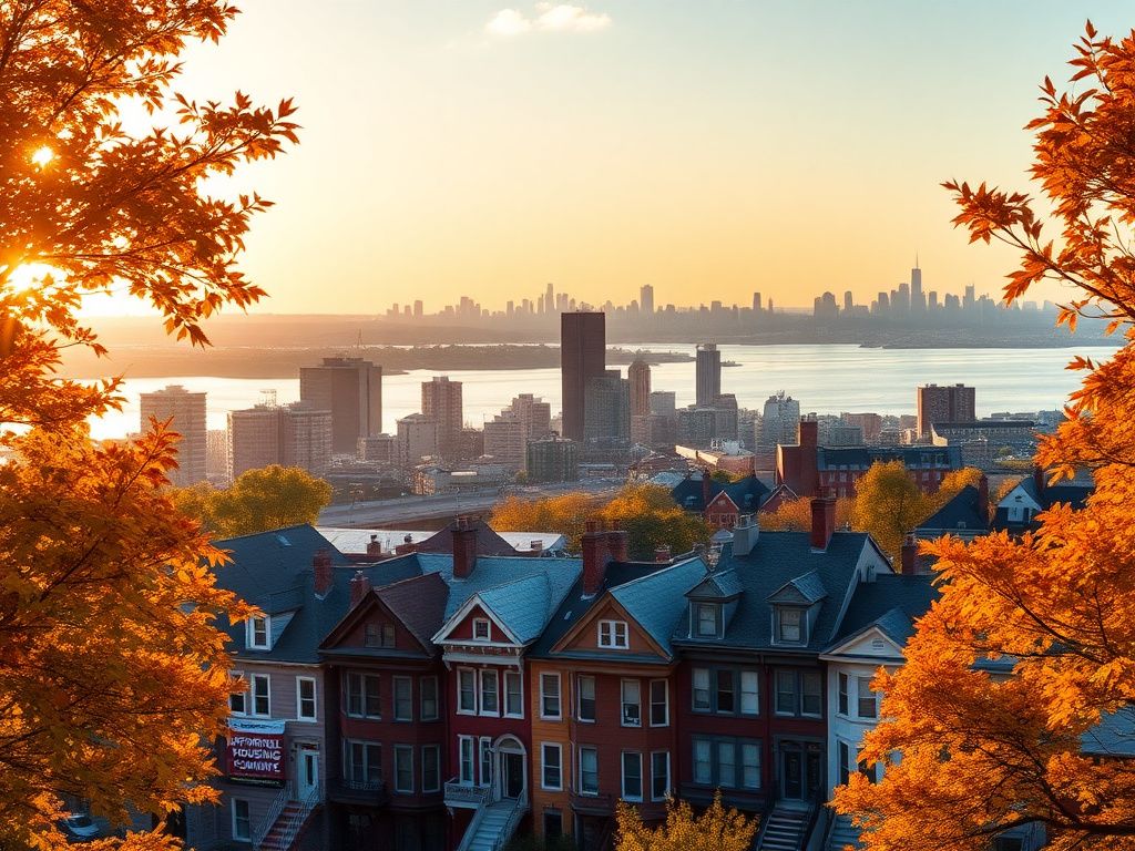 Flick International Aerial view of Jersey City skyline during sunset with colorful row houses in foreground