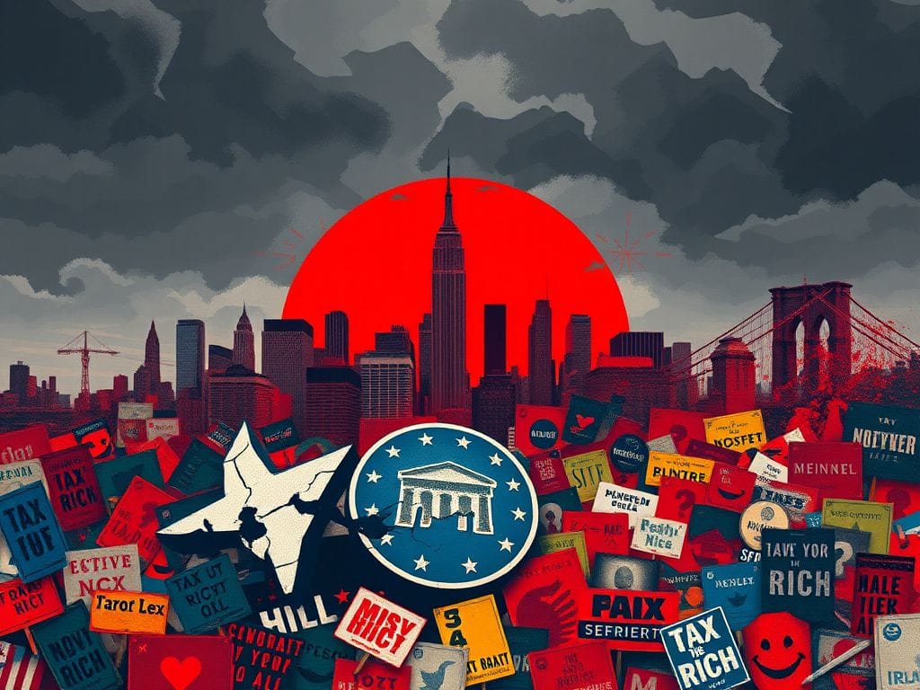 Flick International Abstract representation of New York City's political landscape with a stylized skyline and iconic landmarks.