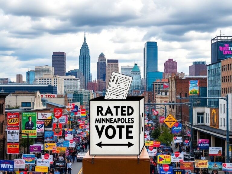 Flick International Urban landscape of Minneapolis with campaign signs on election day