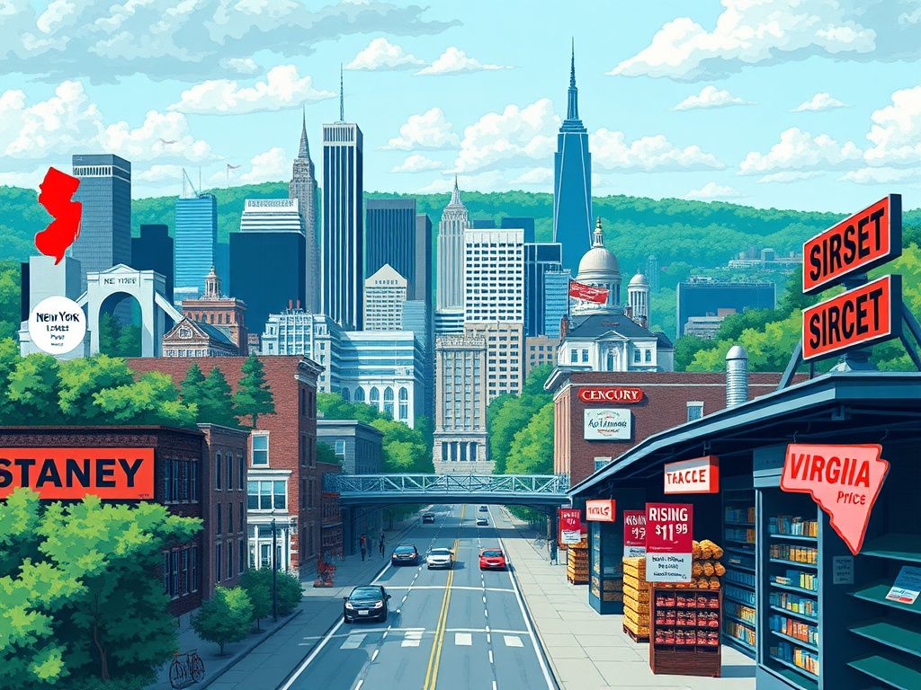 Flick International Urban landscape depicting New Jersey, New York, and Virginia with skyline and economic symbols