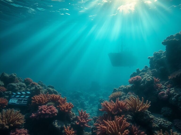 Flick International Vibrant coral reef illuminated by sunlight with remnants of film equipment