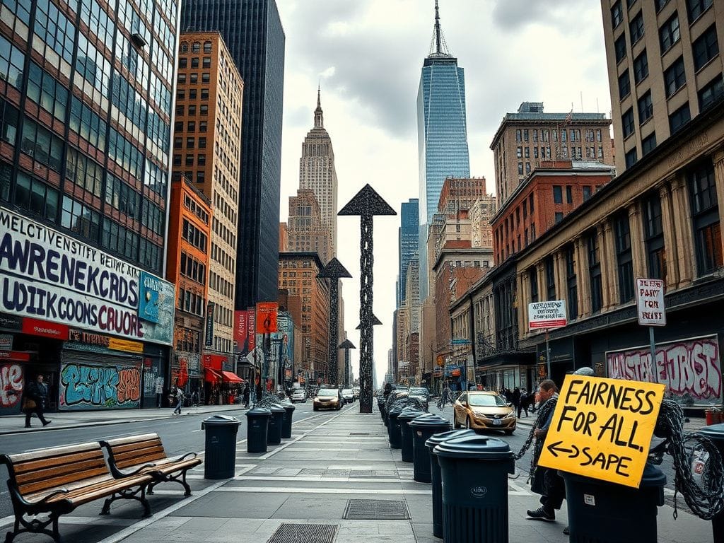 Flick International Urban landscape of New York City showcasing skyscrapers, graffiti, and symbols of social justice