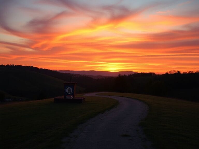 Flick International Serene Virginia landscape at sunset with empty podium and state flag symbolizing hope and education