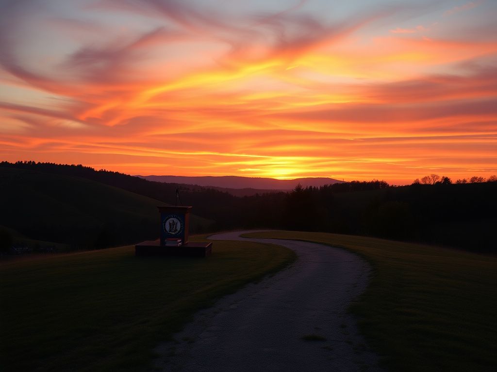 Flick International Serene Virginia landscape at sunset with empty podium and state flag symbolizing hope and education