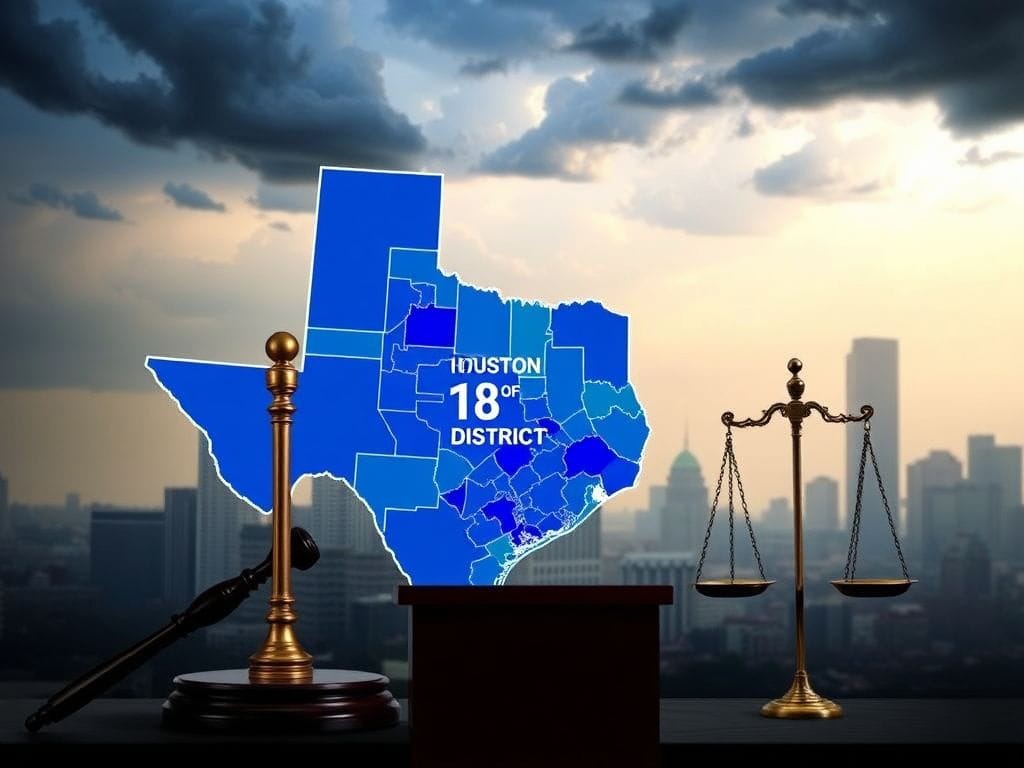 Flick International Map of Texas' 18th Congressional District with Houston's skyline and symbolic elements