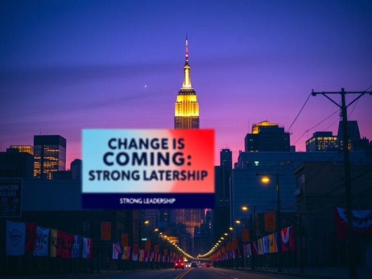 Flick International Vibrant New York City skyline at dusk with iconic buildings and a campaign poster