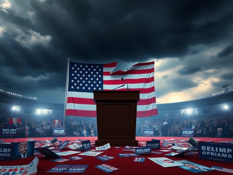 Flick International A dramatic political arena with an empty podium and a torn American flag representing GOP division