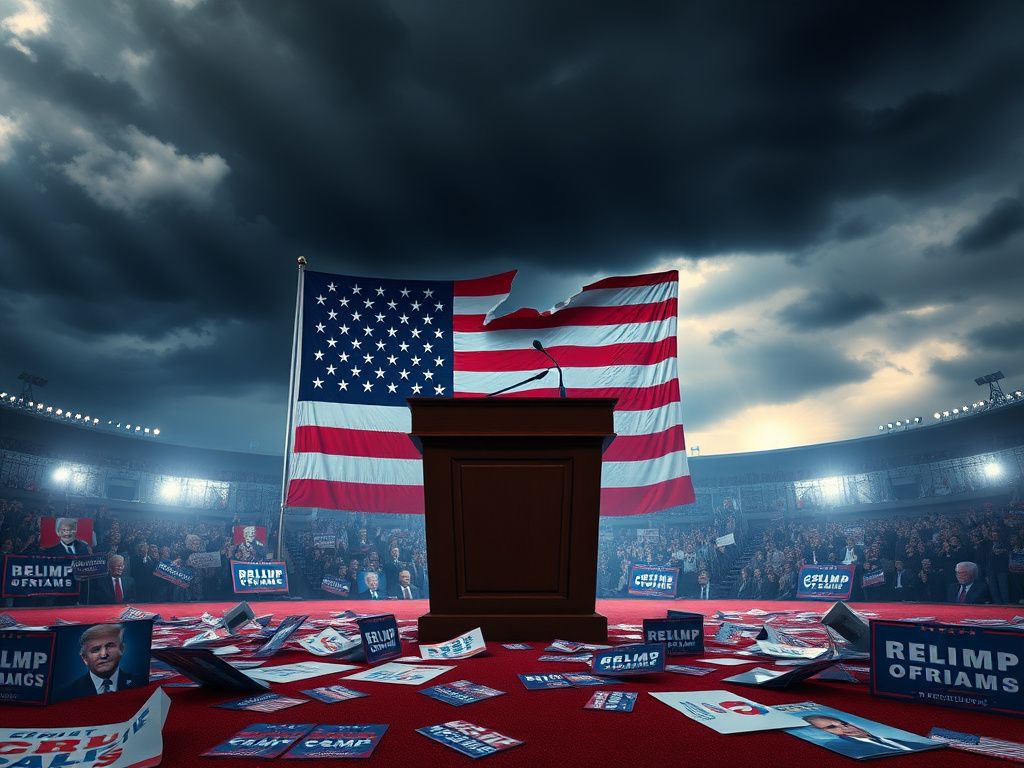 Flick International A dramatic political arena with an empty podium and a torn American flag representing GOP division
