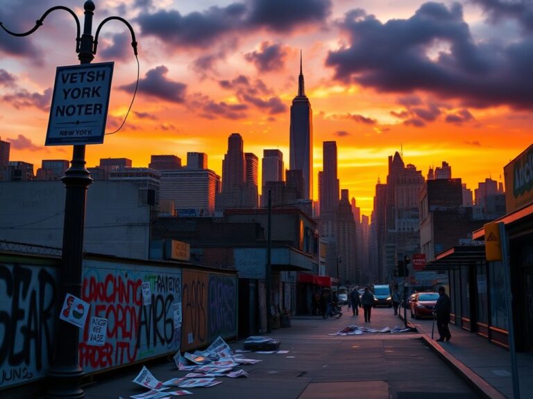 Flick International Sunset view of New York City skyline with campaign posters on lampposts