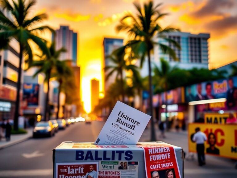 Flick International Vibrant Miami cityscape at sunset with iconic landmarks and a ballot box for the mayoral runoff election