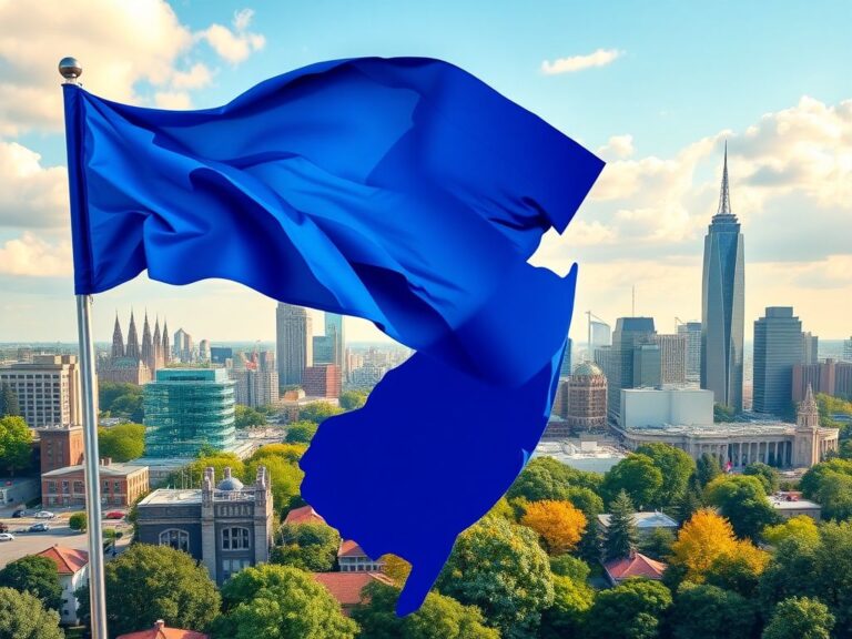 Flick International A large blue state flag waving in New Jersey's urban landscape